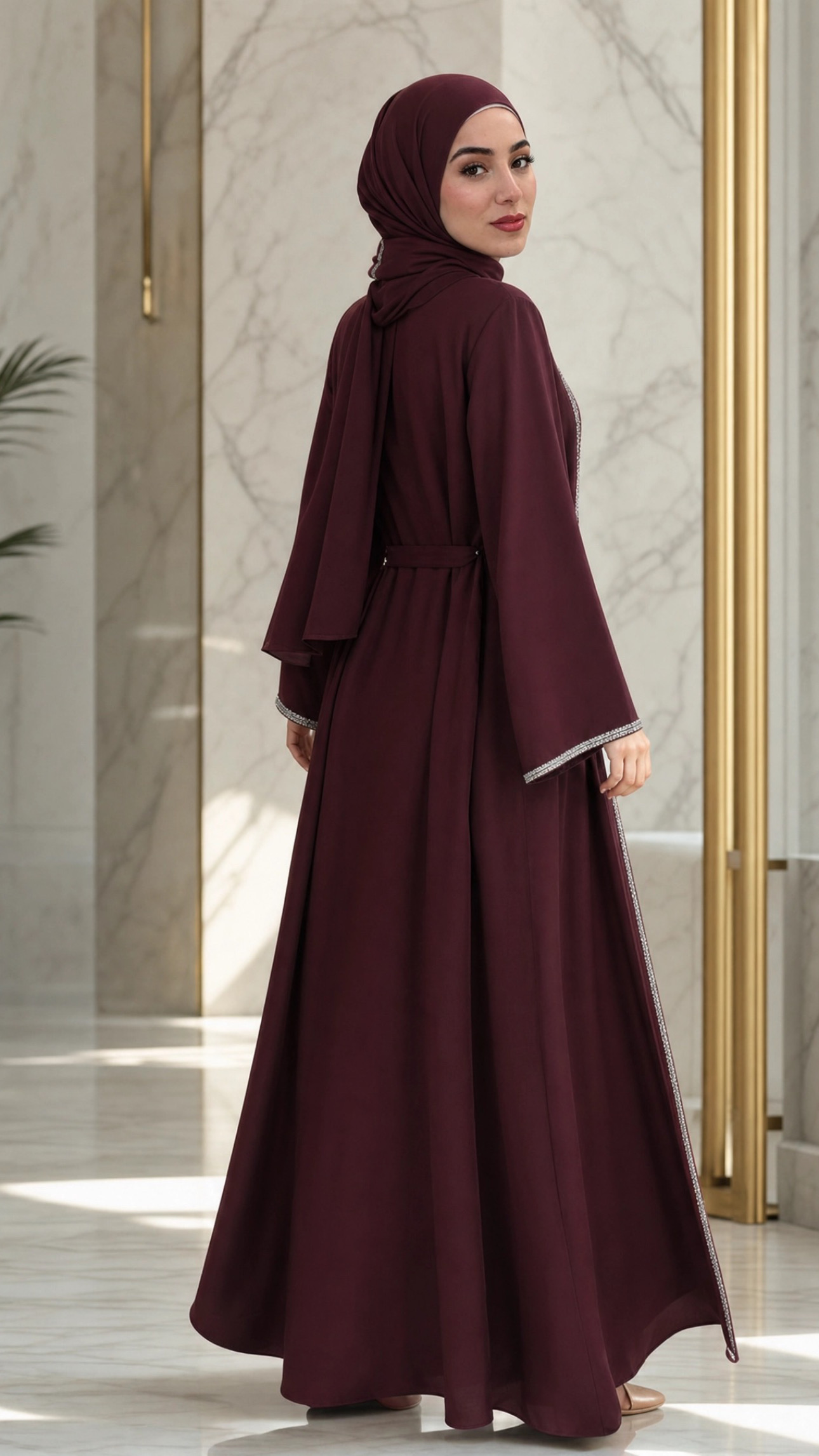 Burgundy Beaded Open Abaya — عباية برغندي مفتوحة بدانتيل براق