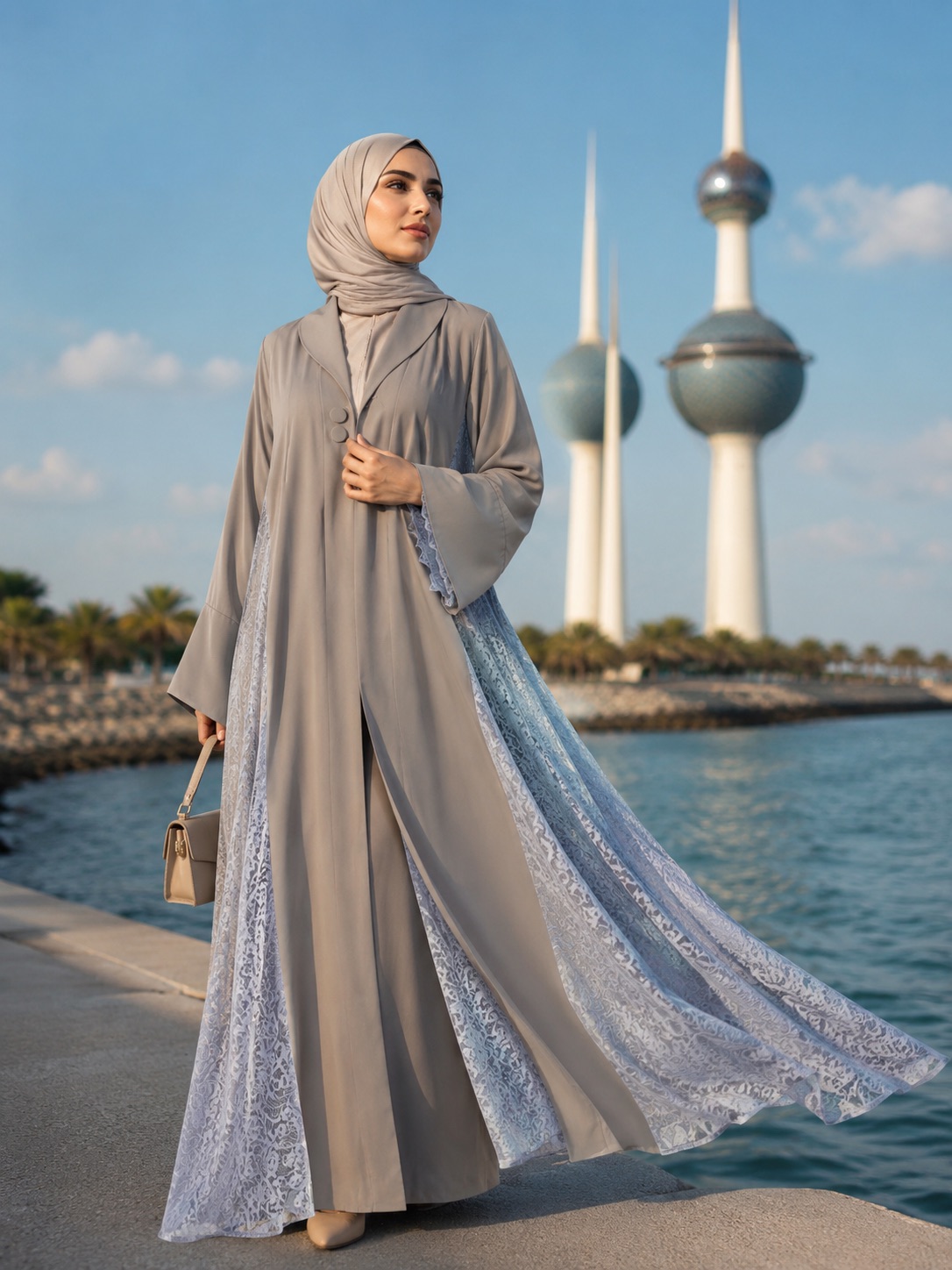 Grey Abaya with Blue Lace Panels — عباية رمادية بدانتيل أزرق