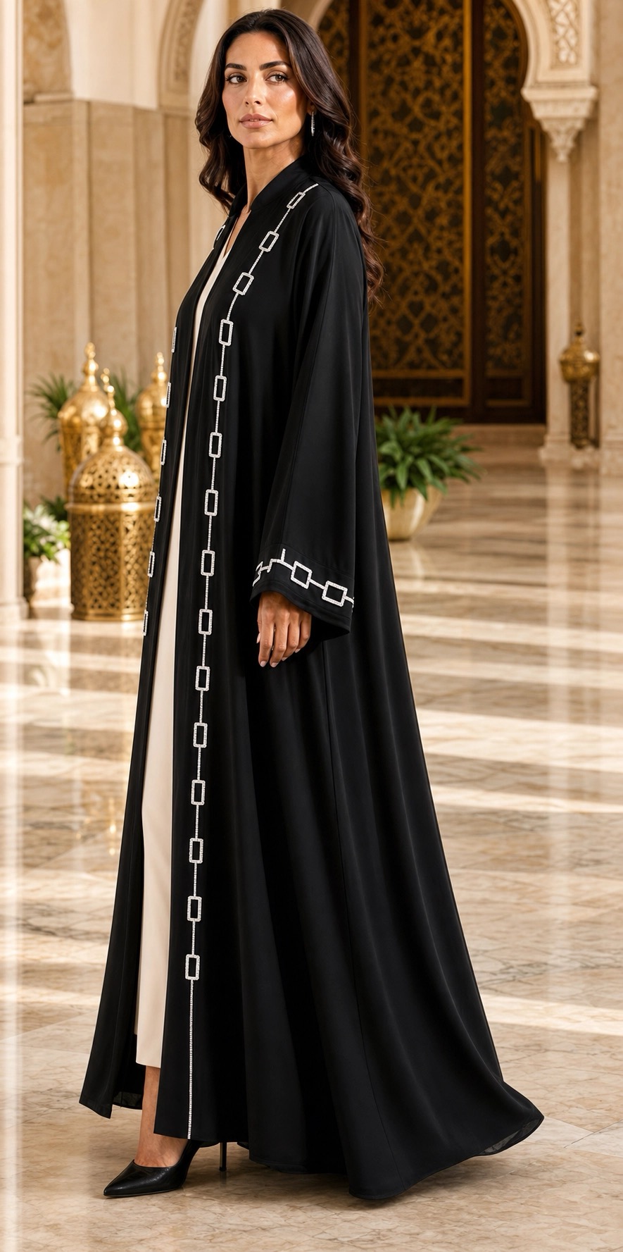 Black Chain Link Open Abaya — عباية سوداء مفتوحة بسلسلة معدنية