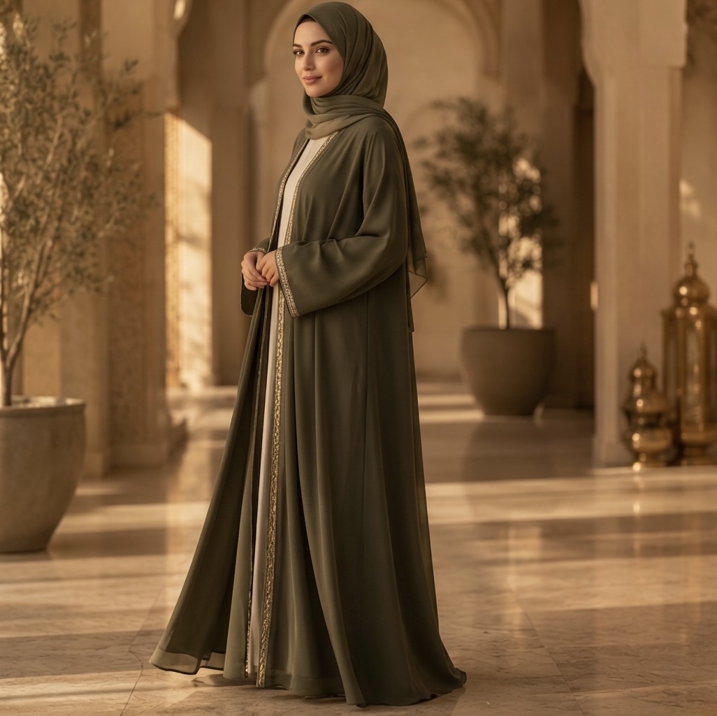 Olive Gold Trim Open Abaya — عباية زيتية بتريم ذهبي
